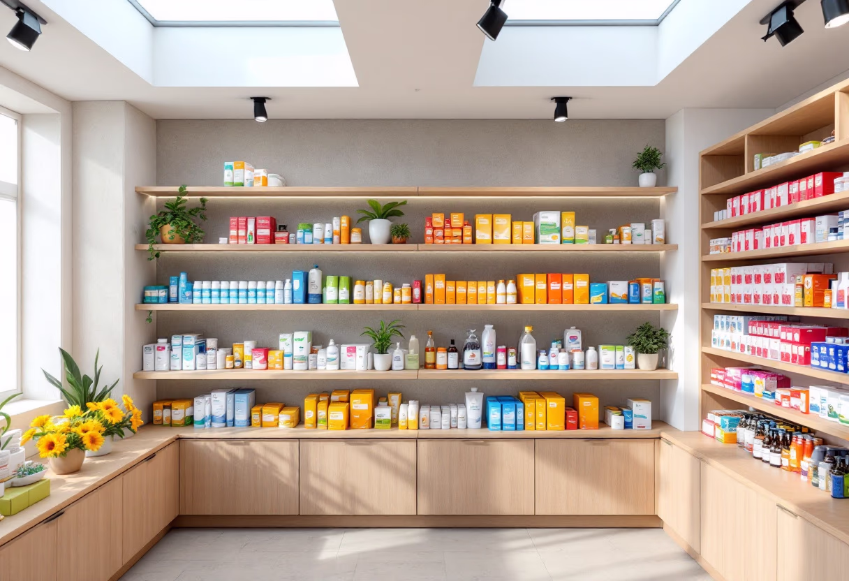 [background image] retail setting with neatly arranged products (for a pharmacy)
